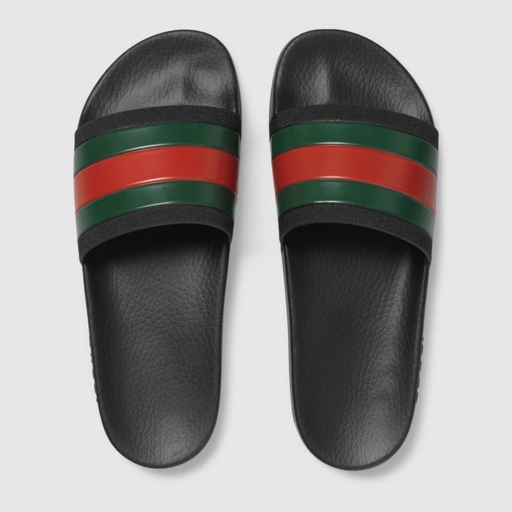 Gucci pursuit 72 rubber pool slide sandals black with red and green stripes